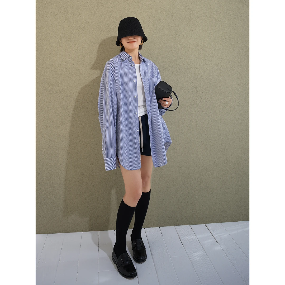 UPINLOOK男友风 宽松大版全棉 蓝白条纹女士中长款衬衫上衣DC402