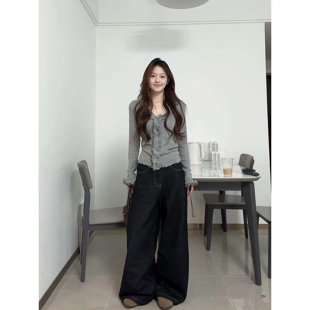 层叠荷叶边毛衣开衫女秋季气质修身长袖上衣直筒宽松牛仔裤阔腿裤