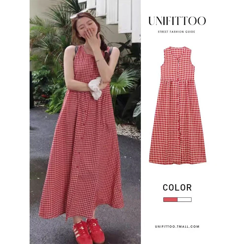 海边度假风红色格子无袖连衣裙女装显瘦夏季新款时尚气质背心长裙