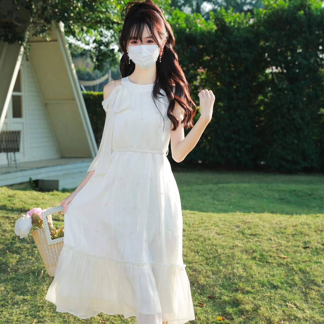 花崎鹿原创花影漫游连衣裙气质流光纱杏色挂脖钉珠连衣裙约会长裙