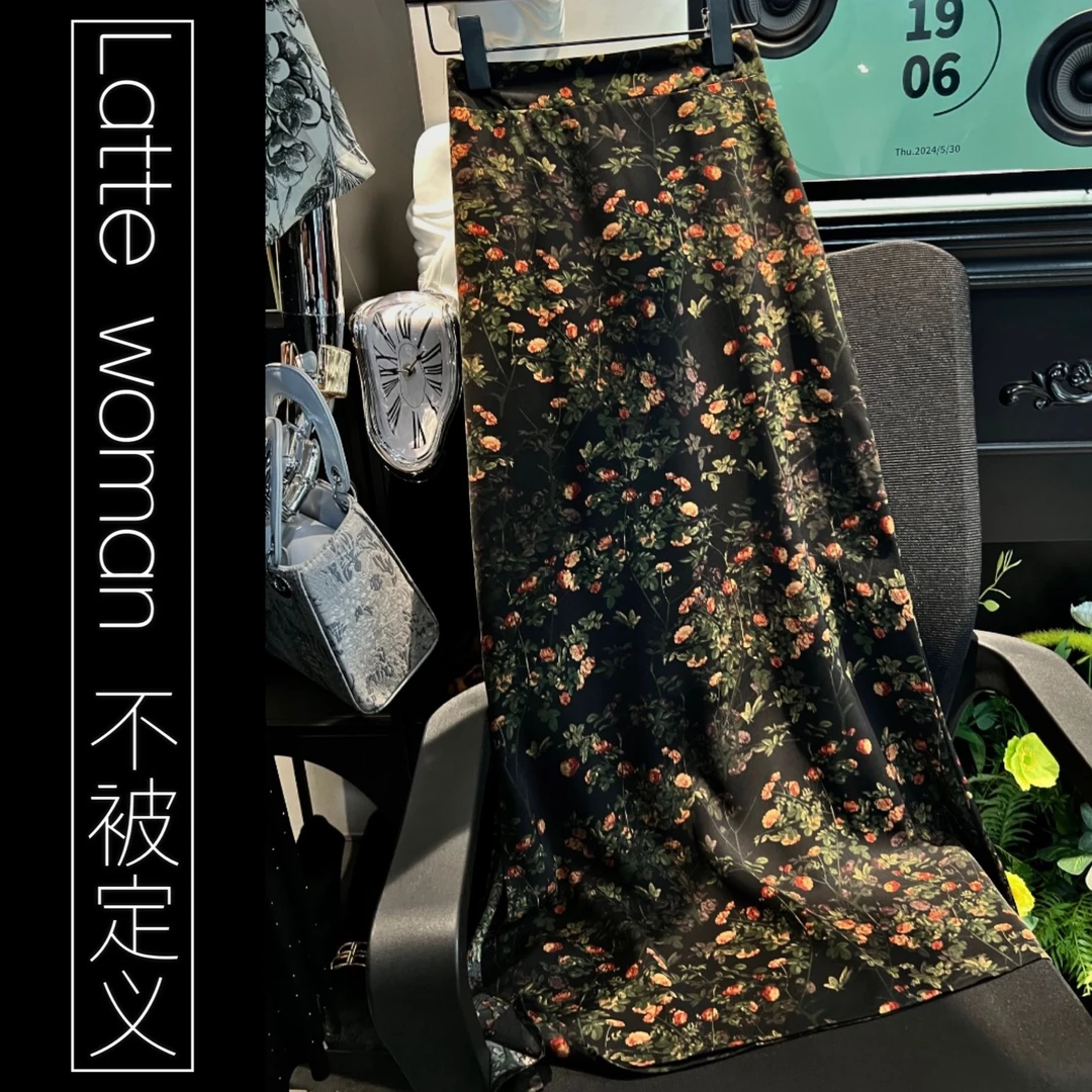 （花非花）夏季新款设计师百搭气质显瘦高腰开叉弹力腰半裙C133-2