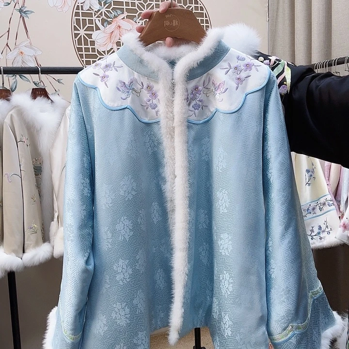 织绣真丝蓝色正绢棉服