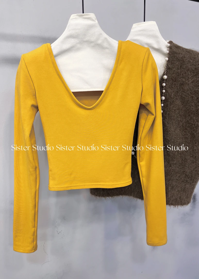 SISTER姐妹家【橙黄橘绿】修身V领打底加绒T恤