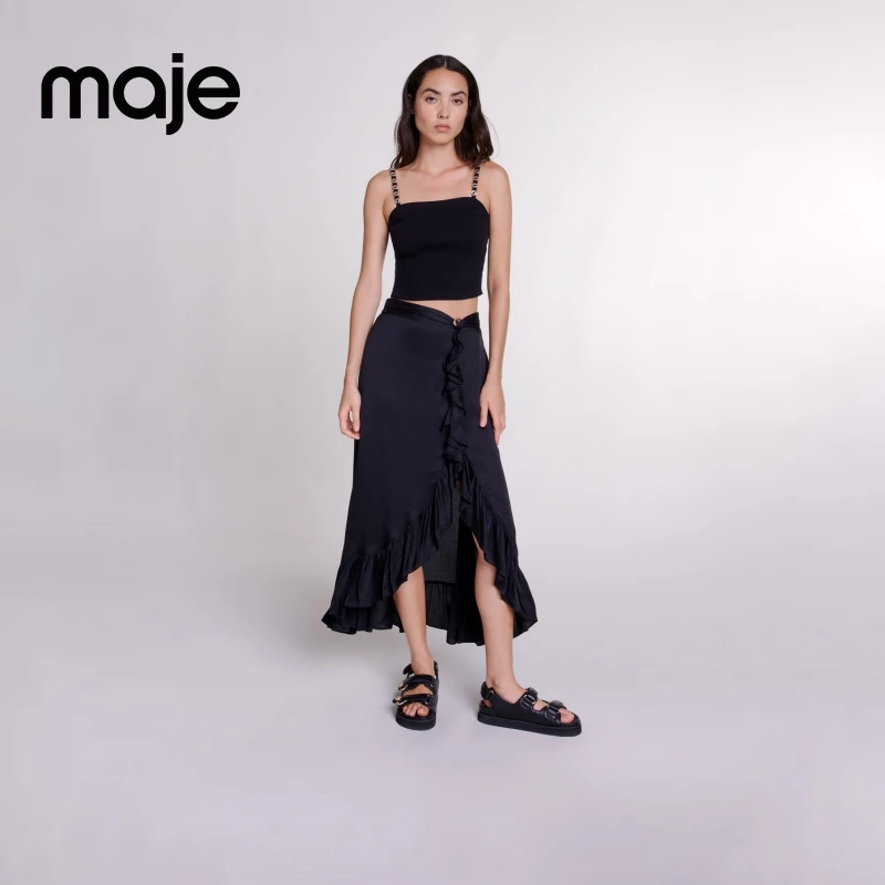 氛围感穿搭|Maje早秋新款黑色开衩不规则半身裙MFPJU01230