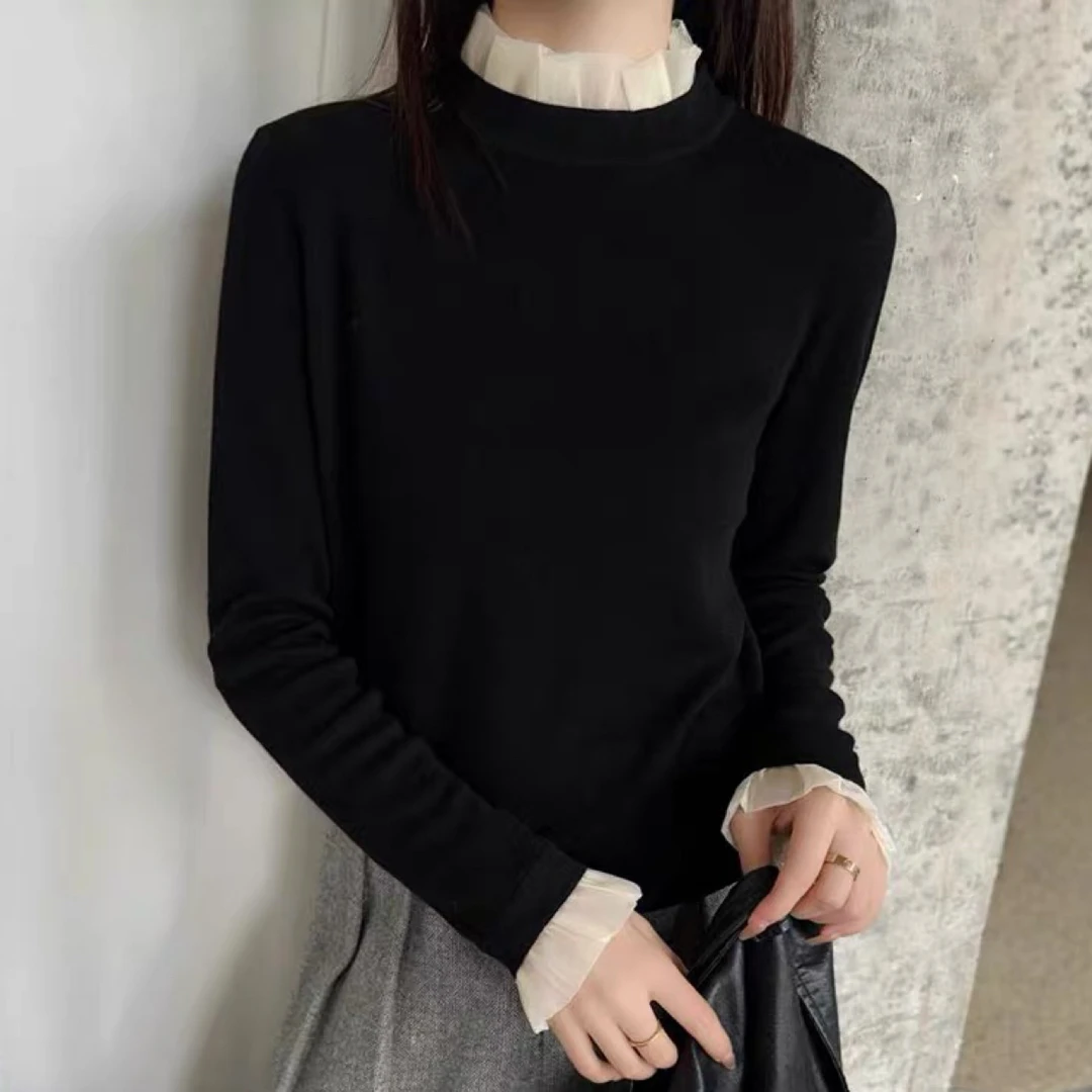 撞色花边拼接立领长袖T恤女秋冬2025新款韩系内搭打底衫修身9086