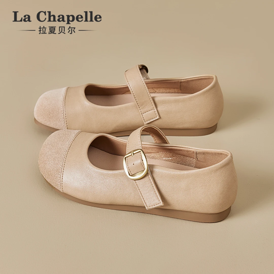 拉夏贝尔小香风平底单鞋女2025新款秋季软底复古真皮玛丽珍勃肯鞋