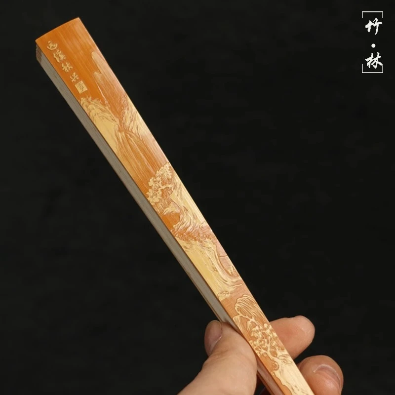 名家李仁钢纯手工留青雕刻山水老玉竹扇子文玩竹雕扇骨95寸竹折扇