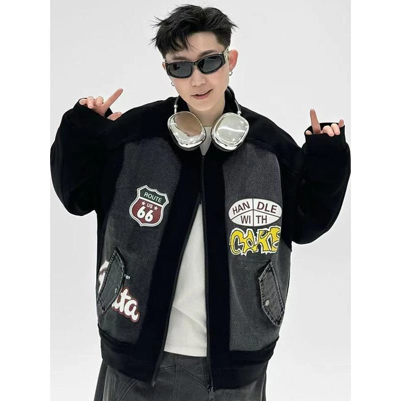 FAVMARTHA美式棒球服男2025新款春秋季牛仔拼接夹克外套男生痞帅