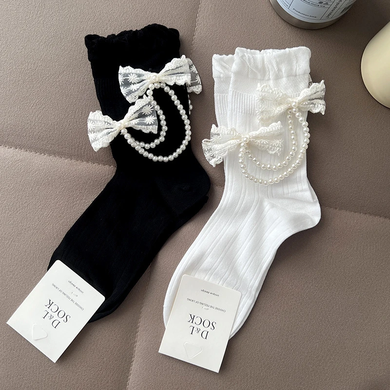 仙女风ins蕾丝珍珠蝴蝶结饰品潮袜春夏薄棉袜女袜子泡泡口黑白色