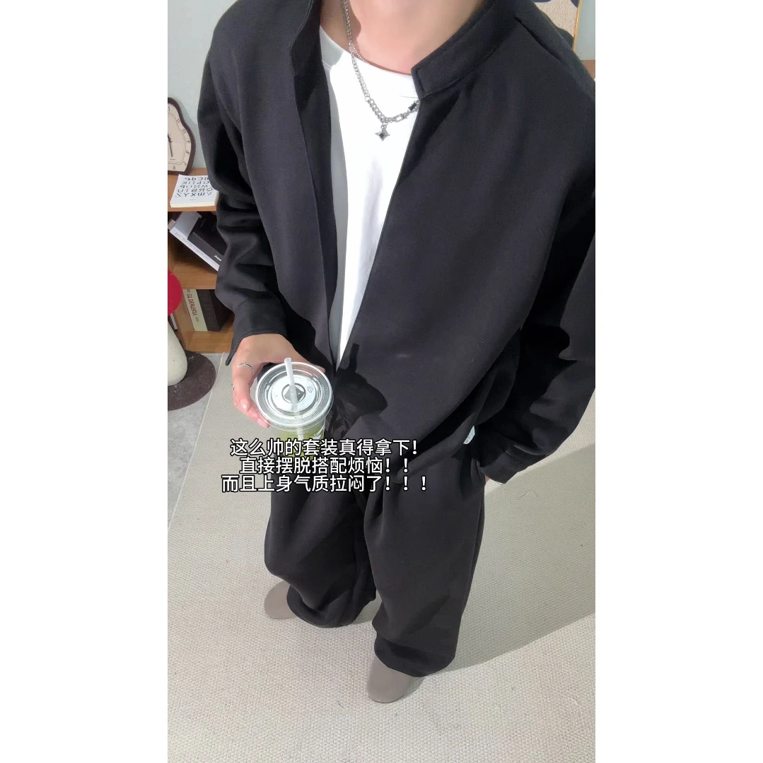 假两件卫衣卫裤套装男秋季高级感痞帅弯刀裤子cleanfit穿搭一整套