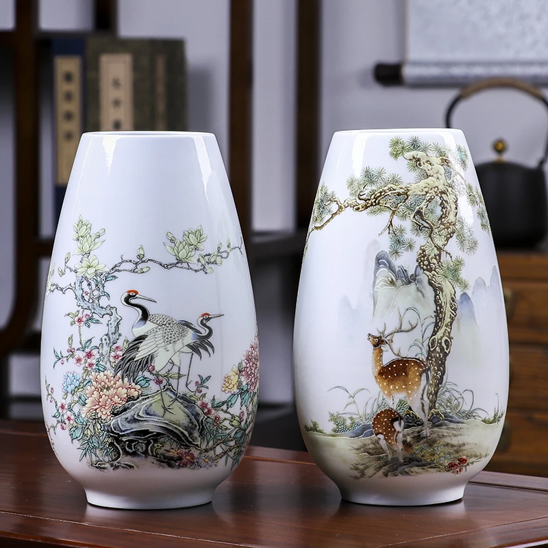 鸿轩景德镇陶瓷小花瓶一对夜光鹤鹿同春福筒插花客厅酒柜装饰品