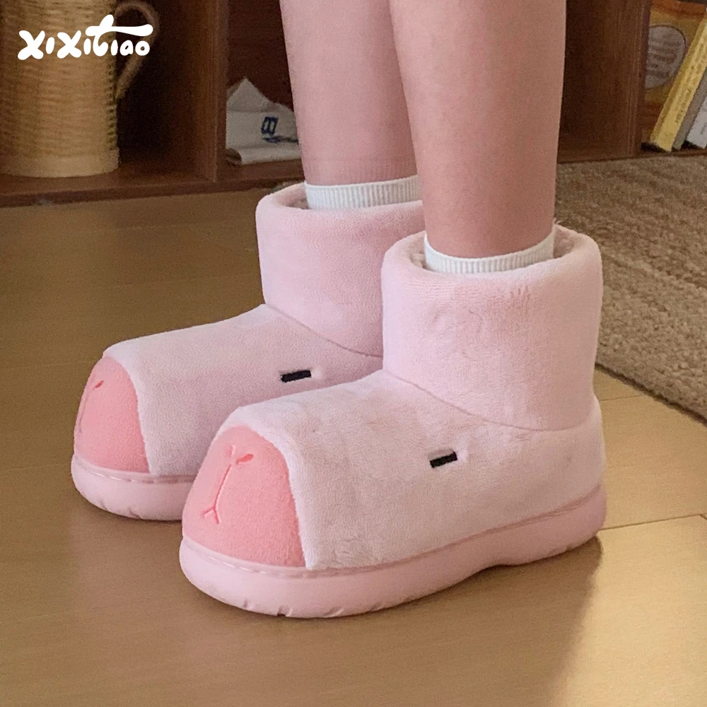 细细条 冬季ins防滑厚底外穿卡通雪地靴卡皮巴拉学生中筒棉靴子女