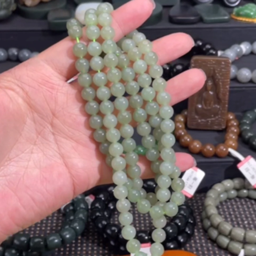 和田玉青海料高冰湖水绿卡8圆珠108无暇