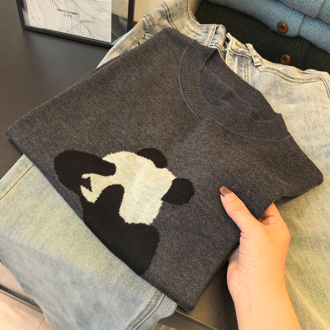 【碳灰色熊猫短袖】春夏炭灰色百搭显瘦圆领大熊猫针织短袖女