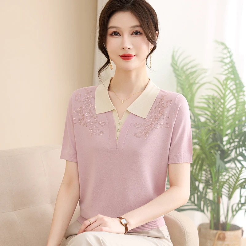新款妈妈夏装t恤短袖洋气上衣服年轻时尚中老年女装减龄针织小衫