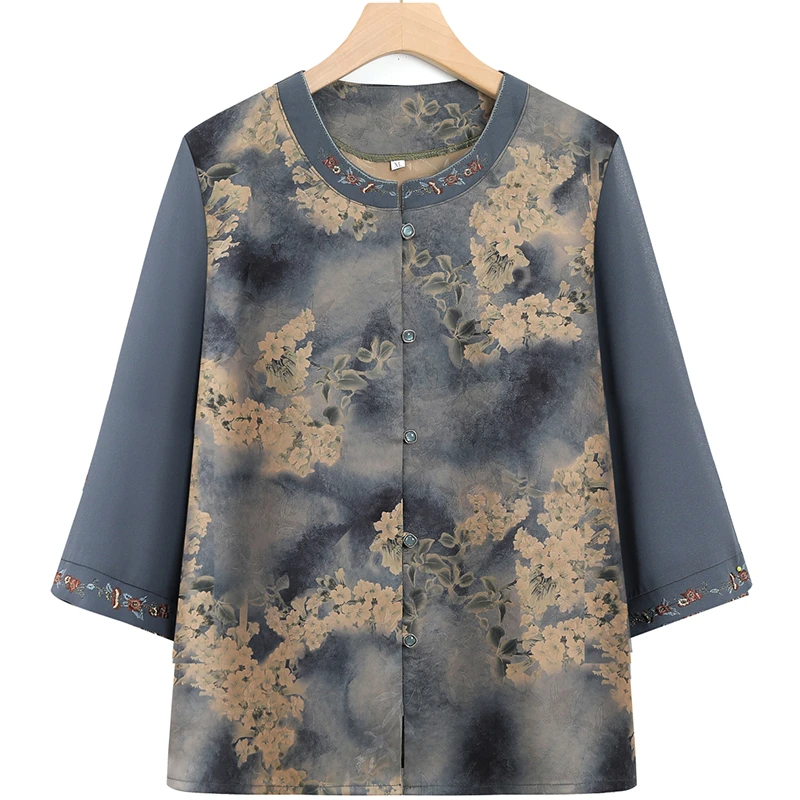 中老年女装夏季薄款衬衫大码妈妈装绣花开衫七分袖上衣奶奶装衬衣