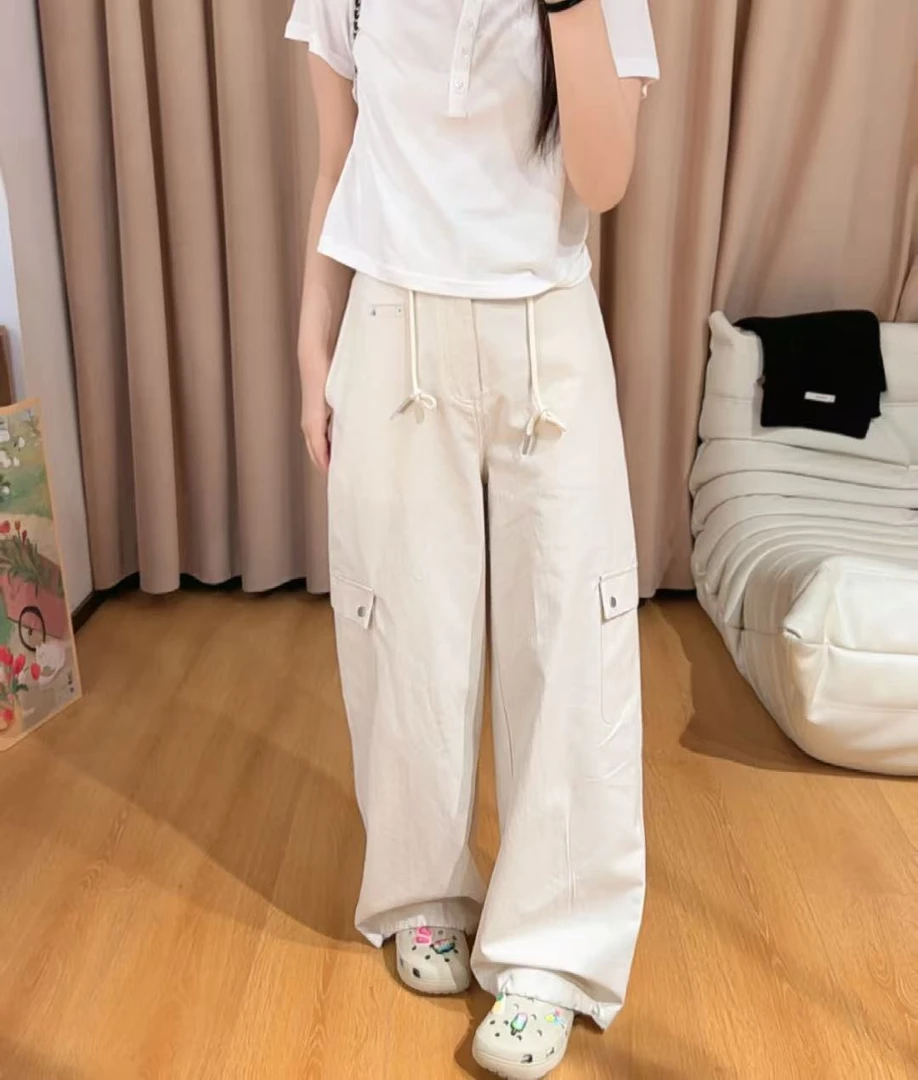 13433余小鱼【工装女孩】米色半松紧腰抽绳侧边大口袋工装裤女装