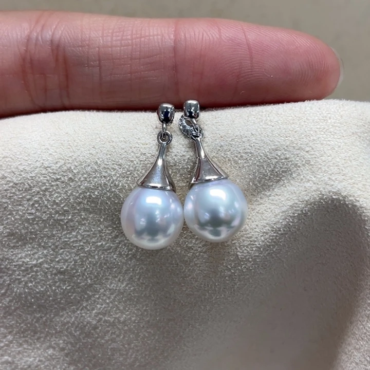 银S925镶嵌耳饰海水珍珠澳白9-10m 80号