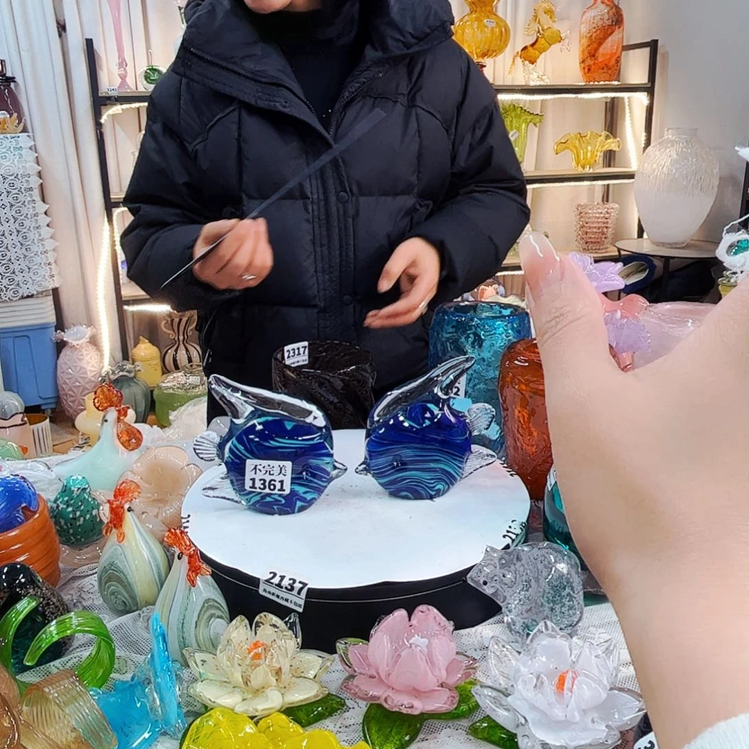 一对海洋鱼家悦美居琉璃摆件不完美