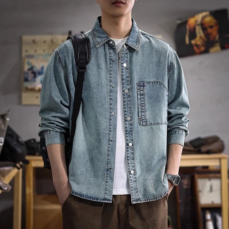 莱赛尔天丝牛仔衬衫男秋季新款潮流复古水洗长袖衬衣美式休闲外套