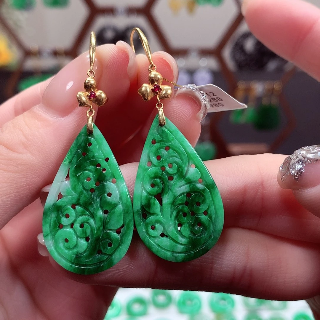 翡翠耳饰18K金镶嵌天然翡翠