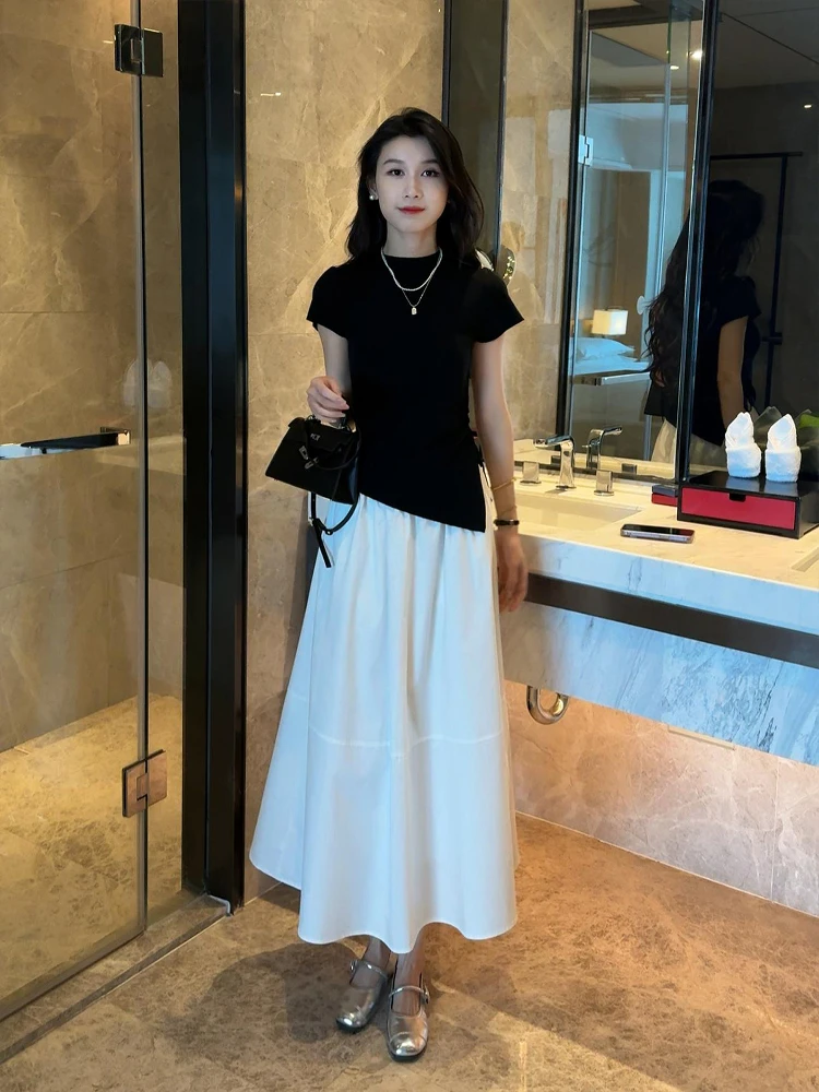 时尚套装女抽绳修身短袖上衣高腰半身裙气质显瘦两件套女夏装新款