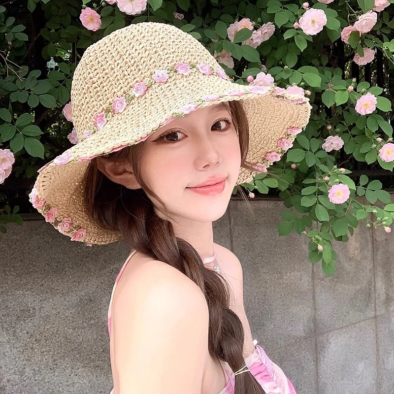 田园风花朵编织草帽女夏季沙滩海边度假渔夫防晒帽大檐遮太阳帽子