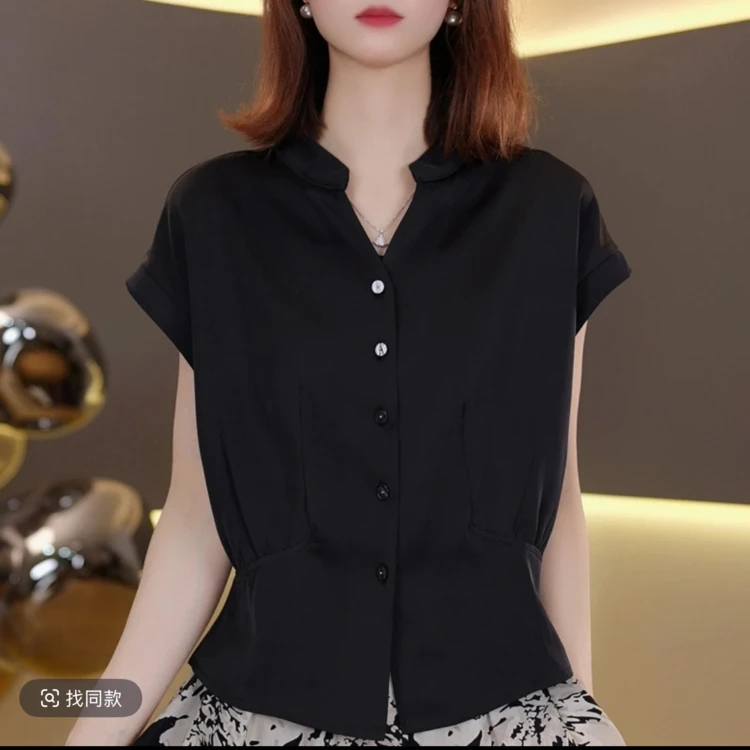 韩版时尚小v领短袖衬衫女2025夏季新款气质洋气显瘦黑色小衫上衣
