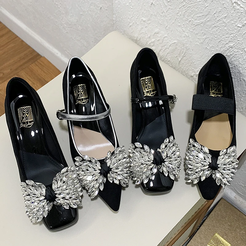 高级感黑色方头单鞋绒面粗跟女鞋新款水钻蝴蝶结韩版浅口高跟鞋女