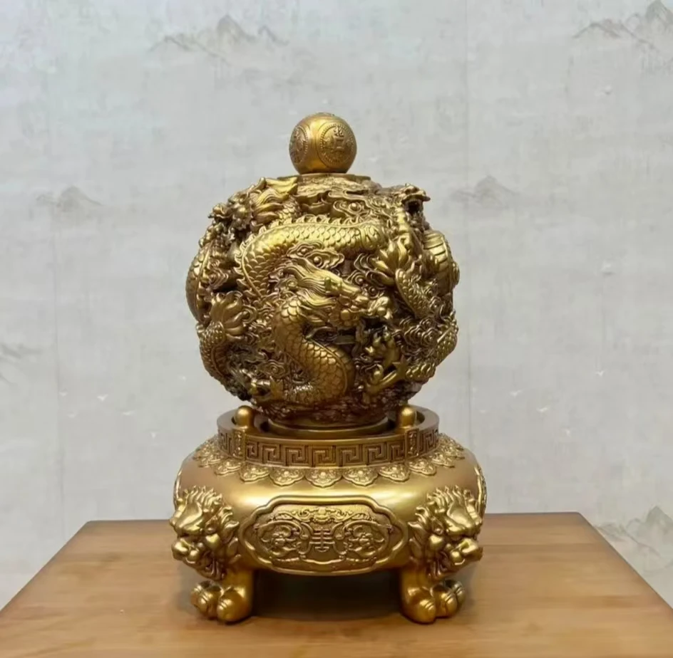 【铜龙珠】九龙乾坤鼎家居客厅前台办公室镀铜摆件