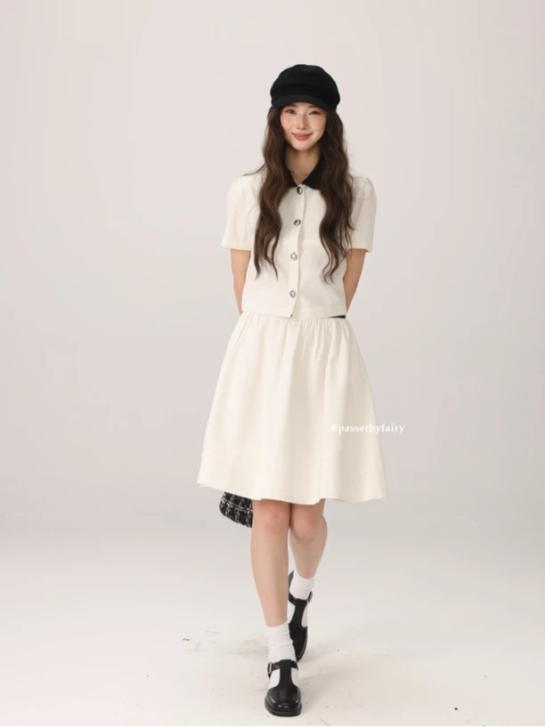 路人仙子自制【榛果咖啡】小翻领上衣休闲肌理感中长半裙套装JX041