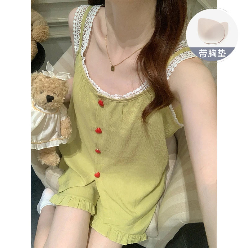 带胸垫吊带睡衣女夏季背心无袖公主风花边套装新款女生夏天家居服