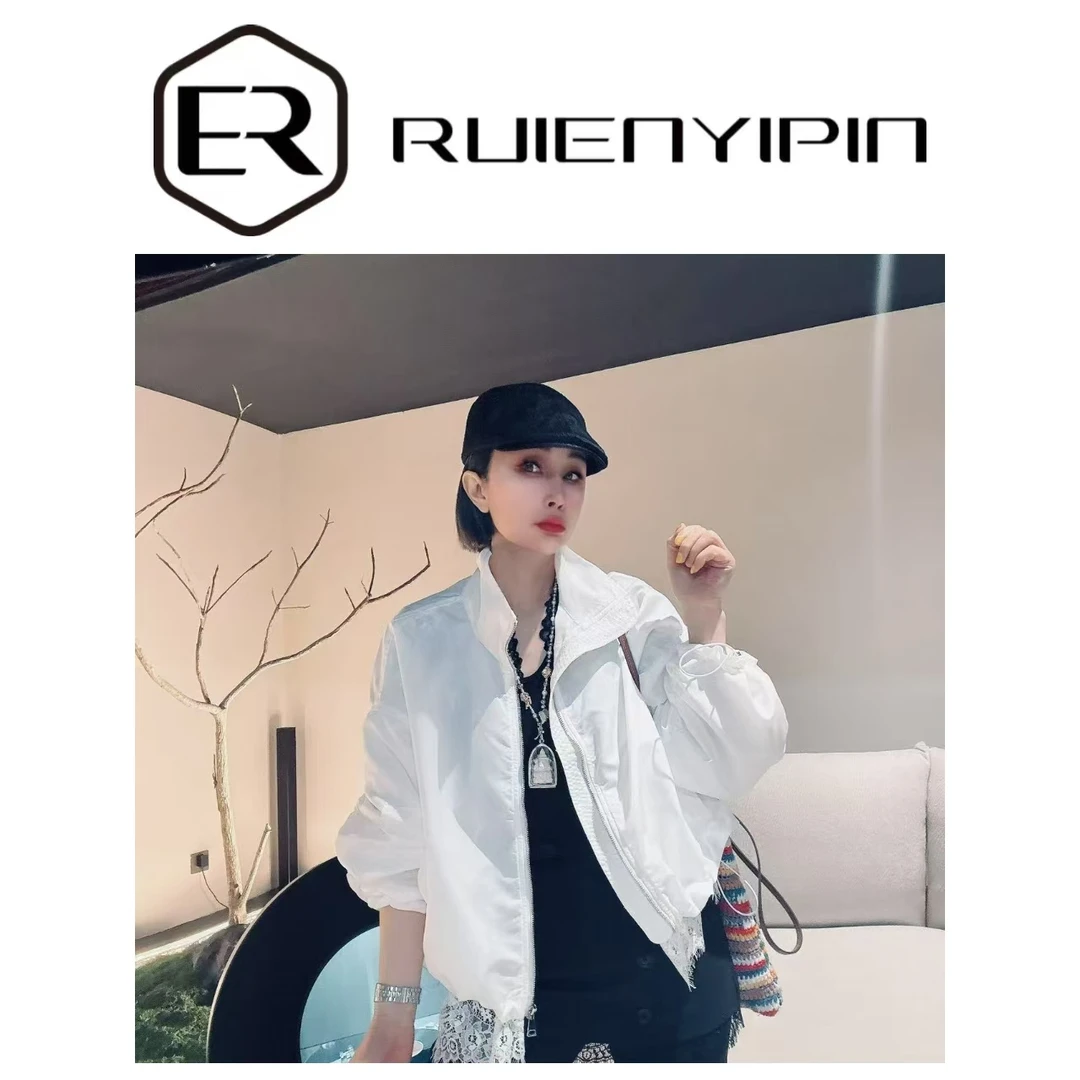 6965#底边蕾丝短款风衣外套