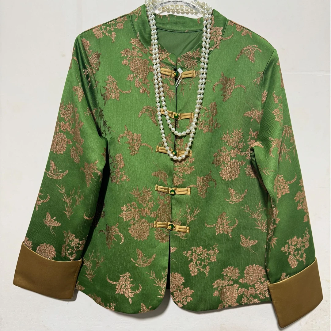 国风高级感外套2025年早秋季新中式立领宽松显瘦上衣绿色百搭女装