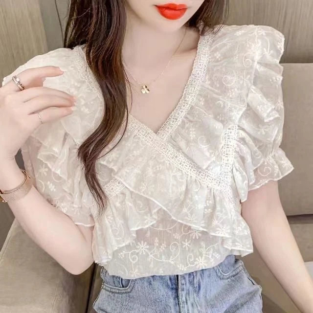 301-400夏款韩版气质百搭时尚显瘦显白港风复古漂亮上衣短袖超仙