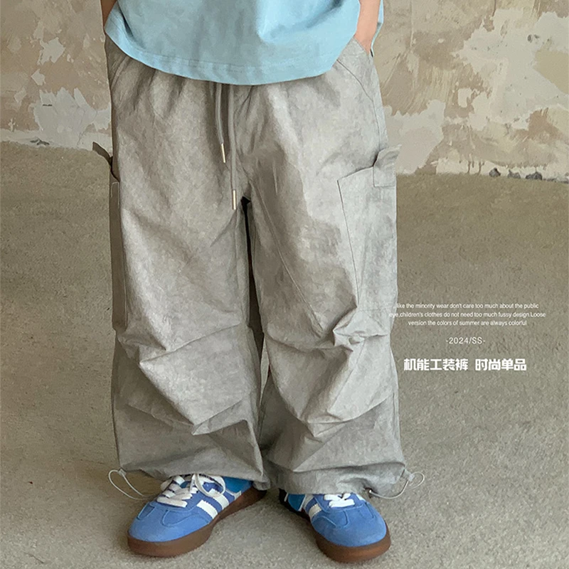 虾酱麻麻男童纯棉裤子夏装2025新款男孩长裤灰色阔腿儿童装休闲裤