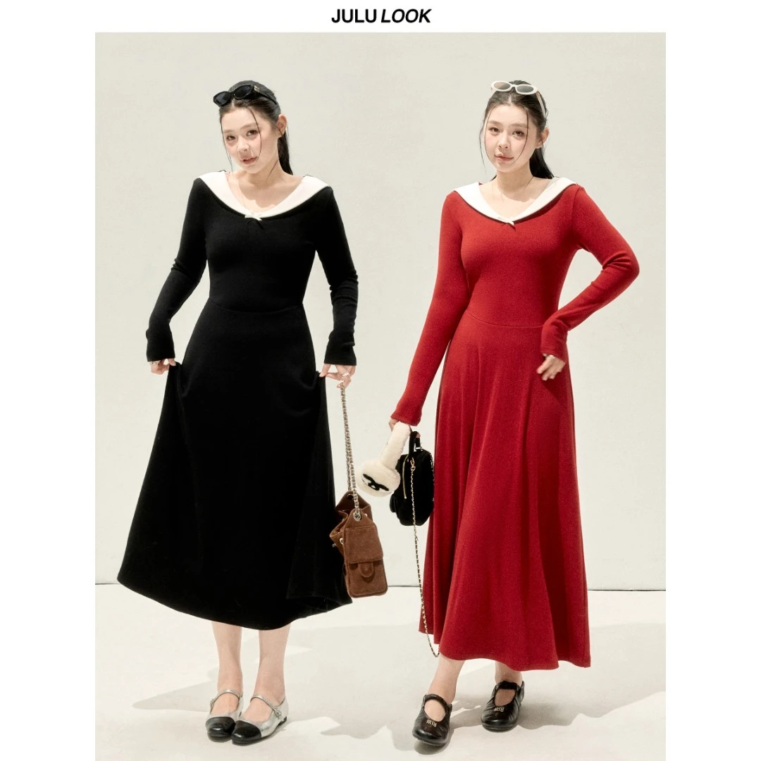 巨鹿工作室“恋爱铃”微胖mm赫本风气质收腰撞色针织裙大码连衣裙