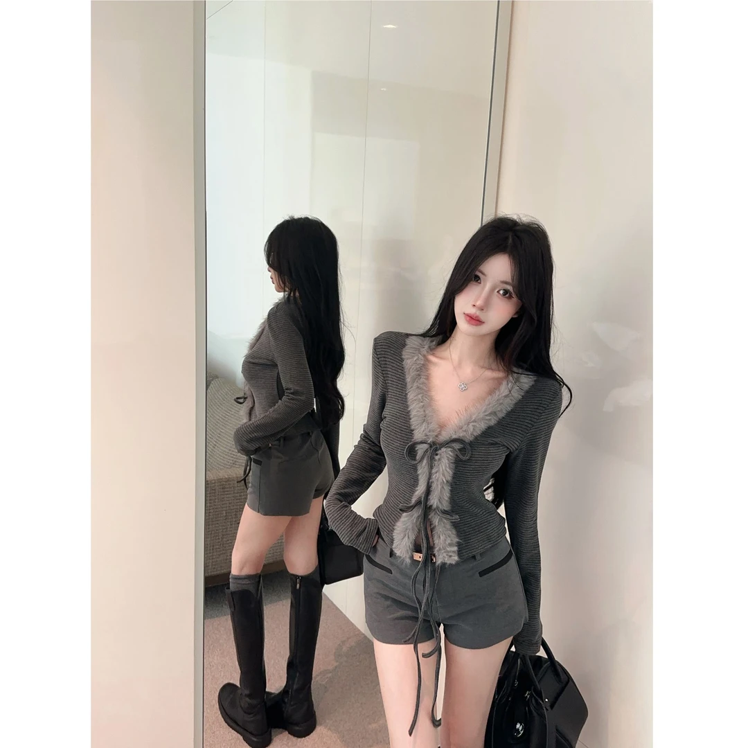 2025秋冬新款设计感v领毛领绑带针织开衫女修身显瘦短款t恤上衣