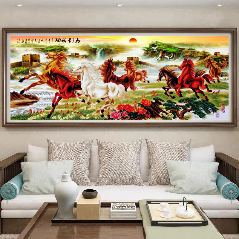 2.3大纯手工绣好十字绣成品5030长城马到成功客厅挂画