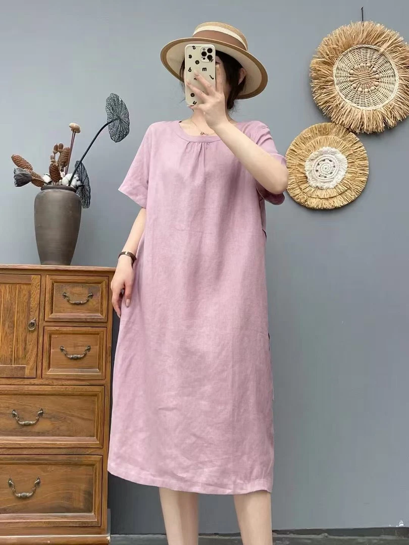墨染.纯亚麻显瘦气质夏季收腰系带纯色连衣裙中长款时尚休闲HM