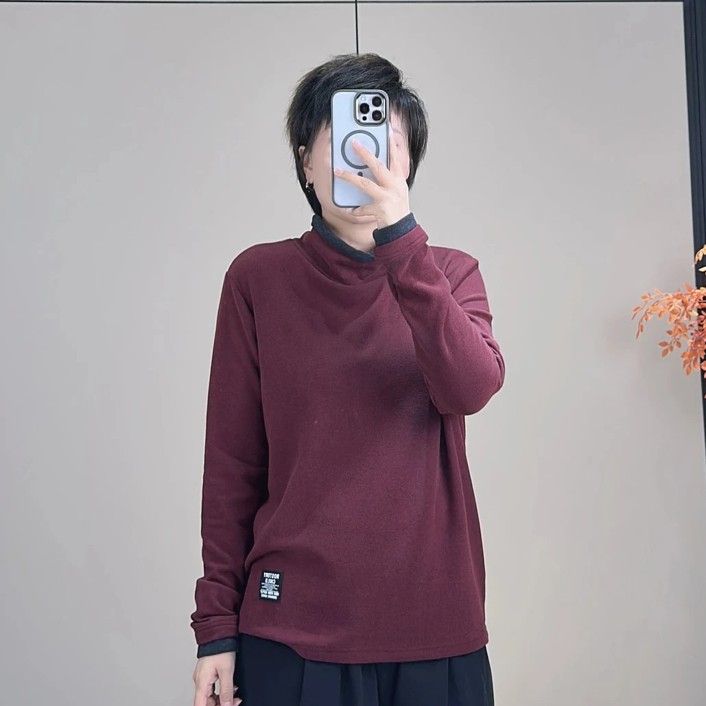 撞色高领长袖秋季宽松舒适套头打底衫加绒半高领纯色