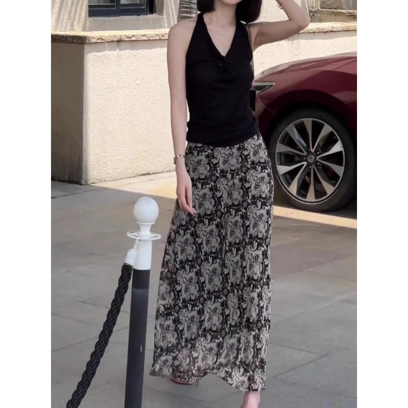 法式度假风兰花半身裙女夏季新款松紧腰显瘦休闲抽绳包臀a字长裙