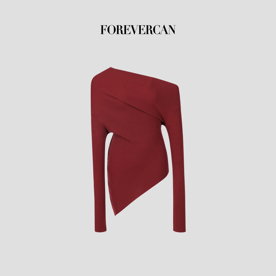 FOREVERCAN“锦瑟流年”不规则一字领斜肩露肩针织上衣MY4580