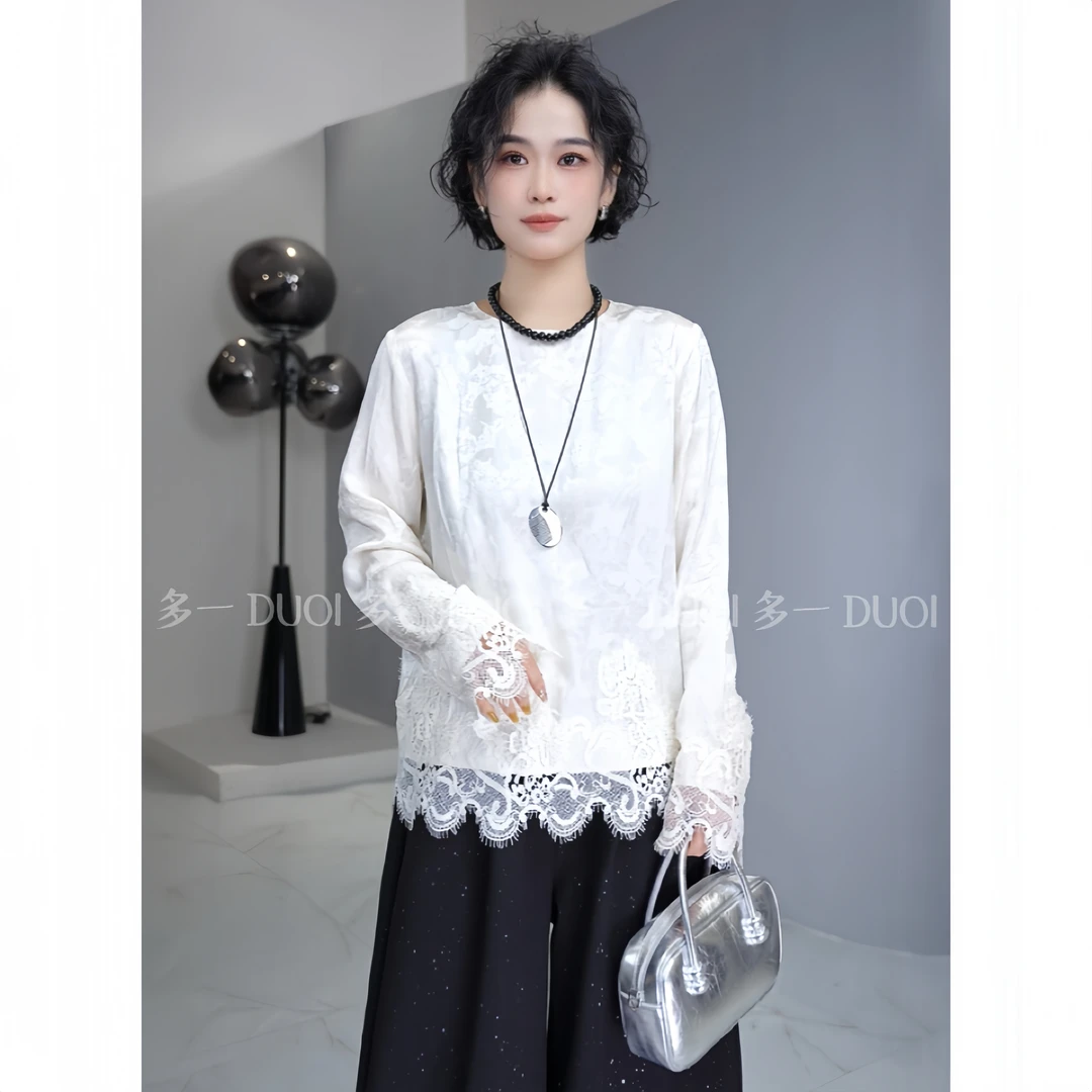 多一“羽蝶”2025早春新国风高级感圆领刺绣提花拼接蕾丝花边衬衫