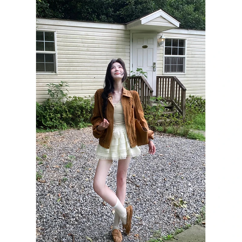 美拉德酷飒风女装高级感春秋棕色重工花朵镂空长袖外套显瘦半身裙