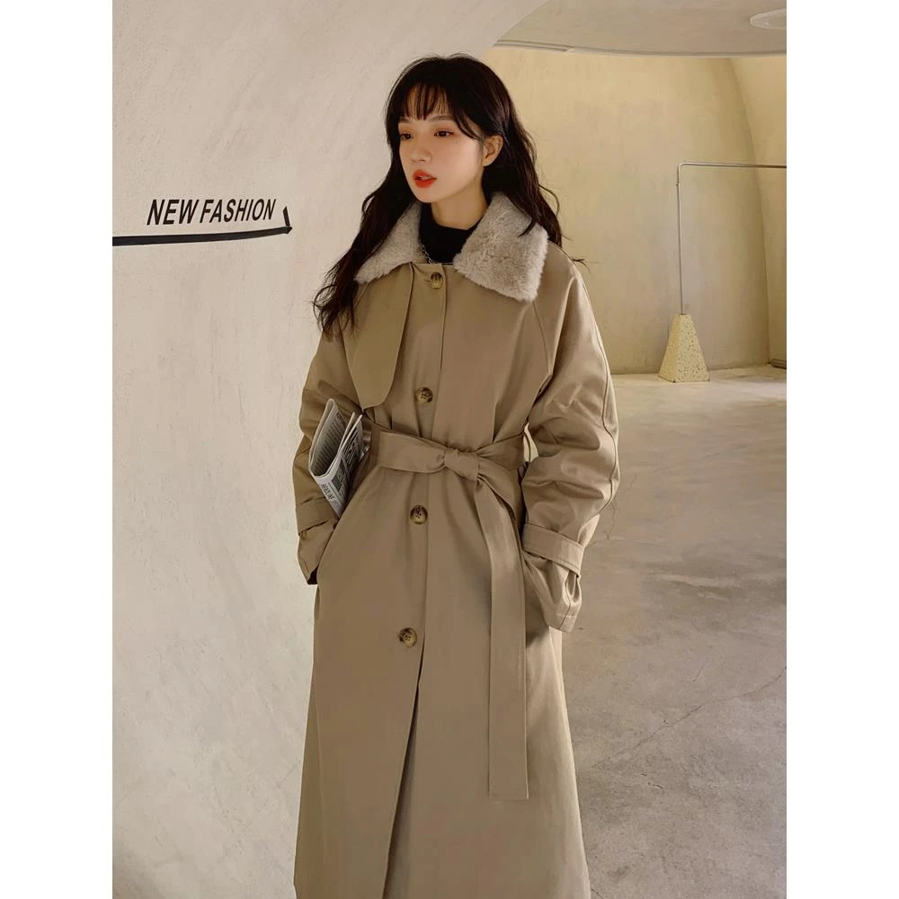 过膝长派克大衣流行的女性质外套2025冬季新天鹅绒加厚卡其工作夹