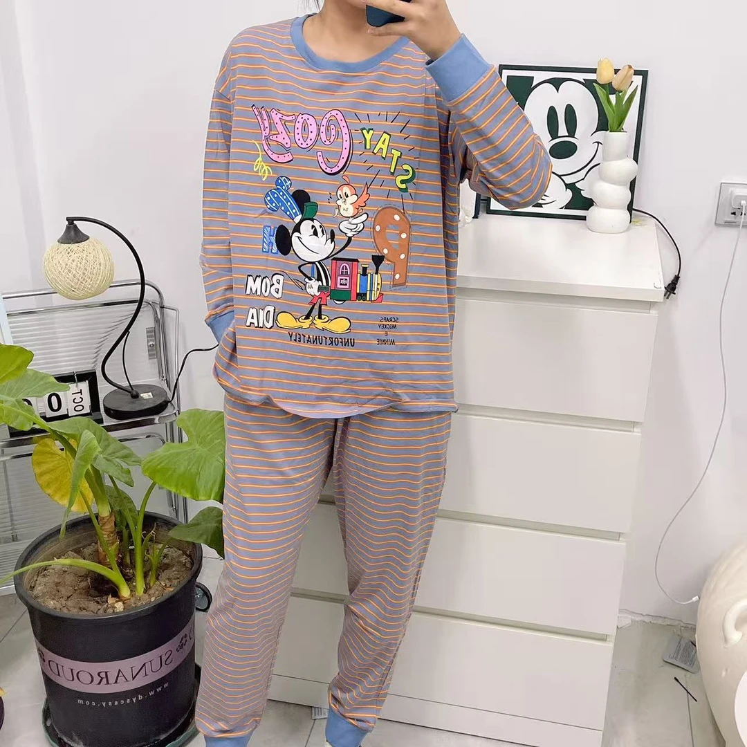 圆领合集秋季长袖长裤睡衣家居服条纹卡通印花套装不起球加大款