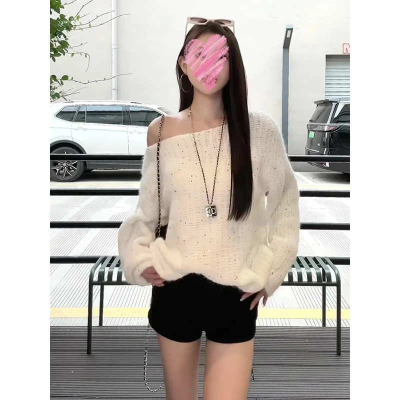 斜肩长袖毛针织衫女早秋新款宽松慵懒风显瘦松弛感设计感露肩上衣