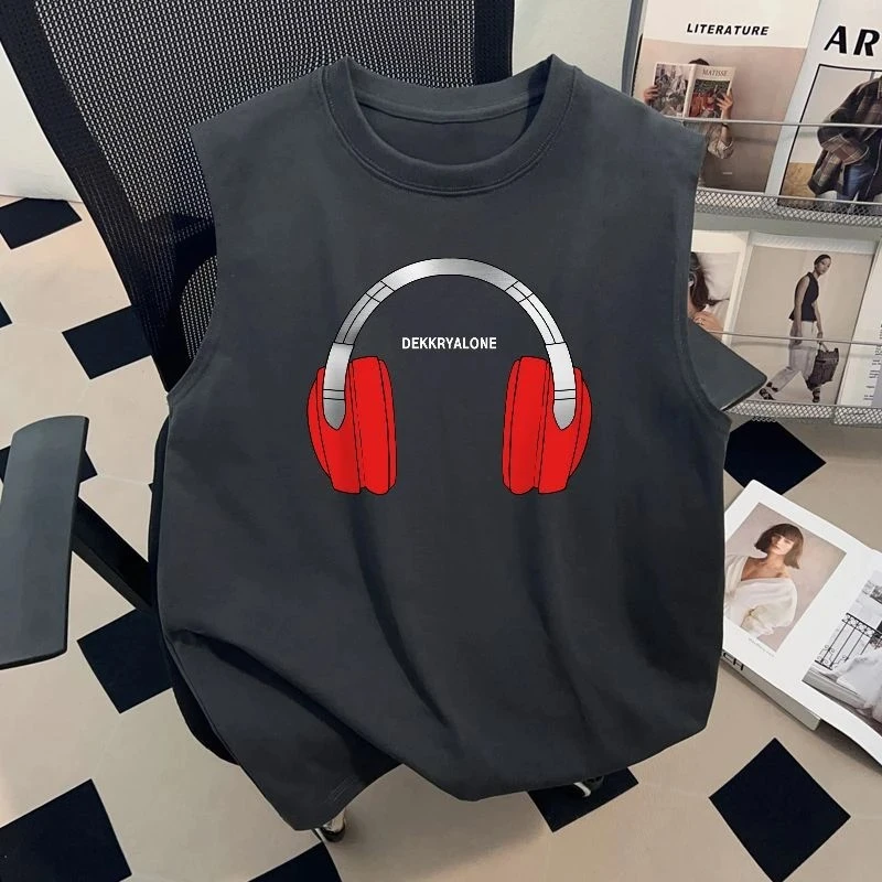 儿童背心T恤男童无袖夏装2025夏季新款耳机印花纯棉宽松洋气潮酷