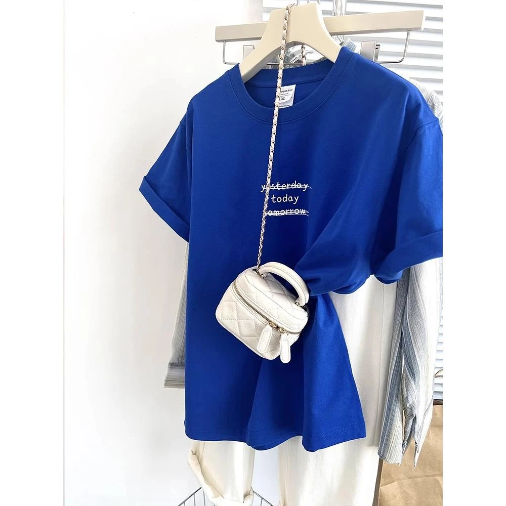 宝蓝简约风短袖t恤女夏季2025纯棉宽松小众设计感显瘦上衣情侣装